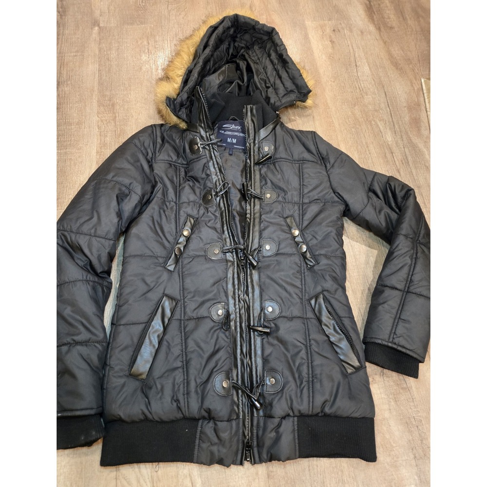 SILVER JEANS CO. WINTER TOGGLE PUFFER JACKET COAT HOOD FUR LEATHER WOMENS Medium